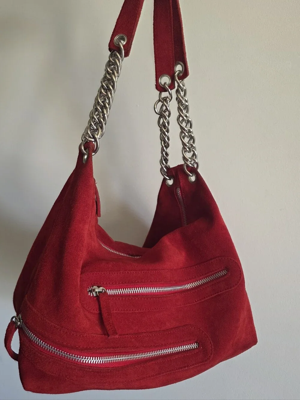 Suede Leather Hobo Bag Chain Strap Red Silver Tone Boho Y2k Western Chic
